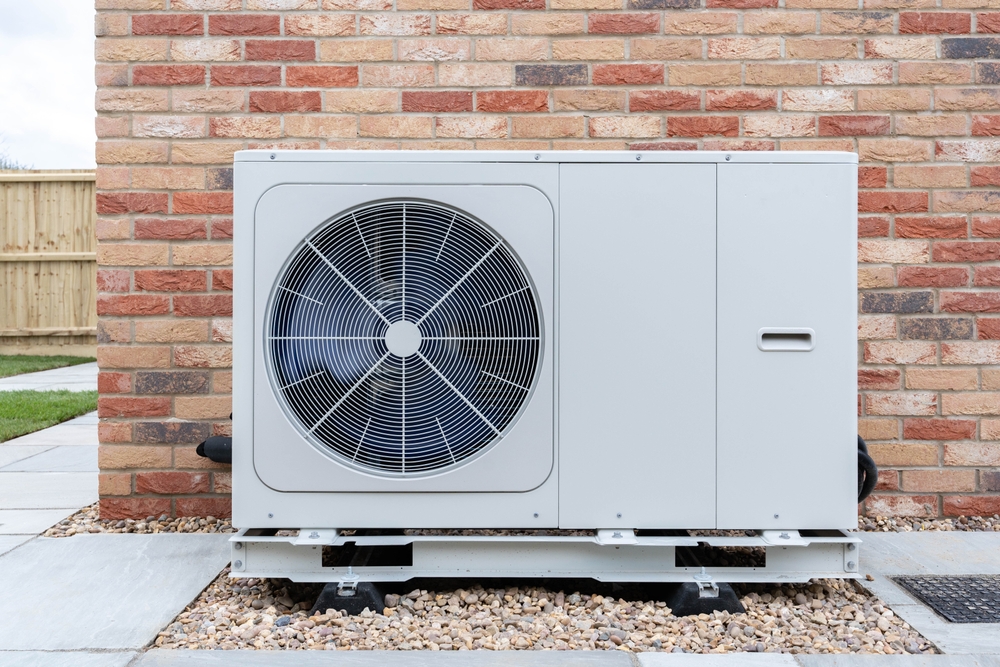 A heat pump outside a home. 