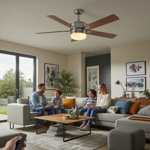 Family in big living room under comfort of a ceiling fan