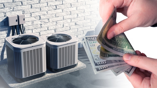 hand counting $100 bills in front of two new air conditioning units