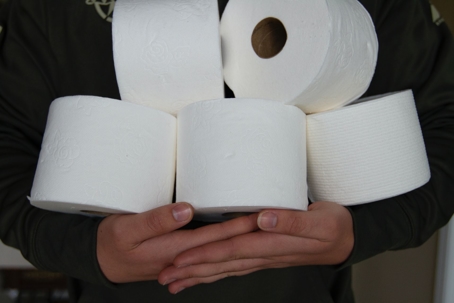 hands holding five rolls of toilet paper