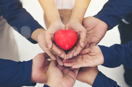 8 different hands holding a red heart