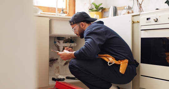 plumber checking under the sink, clipboard in hand, during a whole-home plumbing inspection