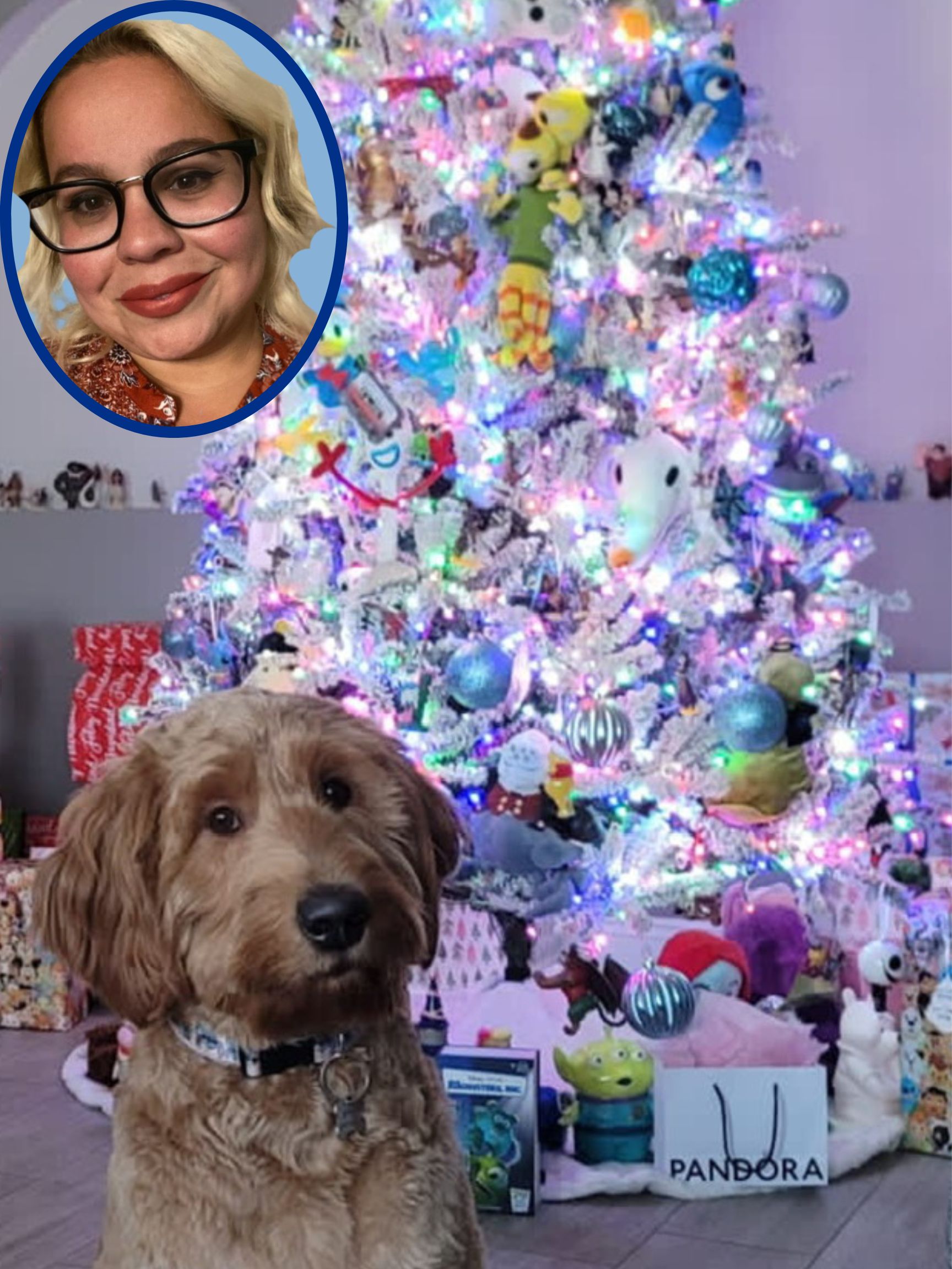 Diana, her Christmas tree, and Kanela, her Goldendoodle