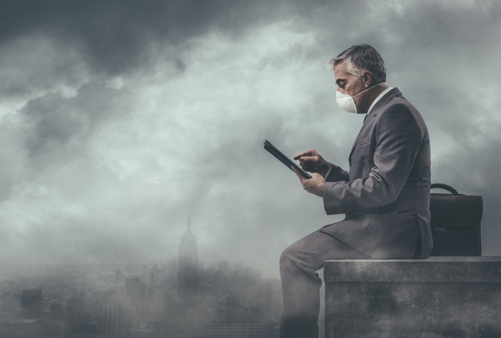 man with mask in foggy room