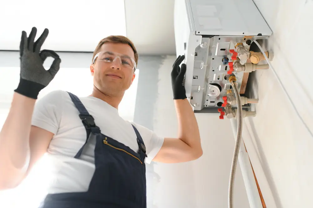 Professional plumber showing the okay gesture with hands while installing water heater