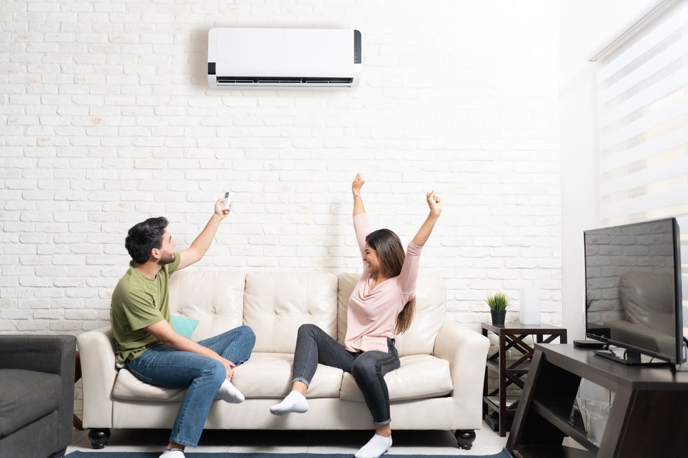 couple sitting on couch under mini-split system